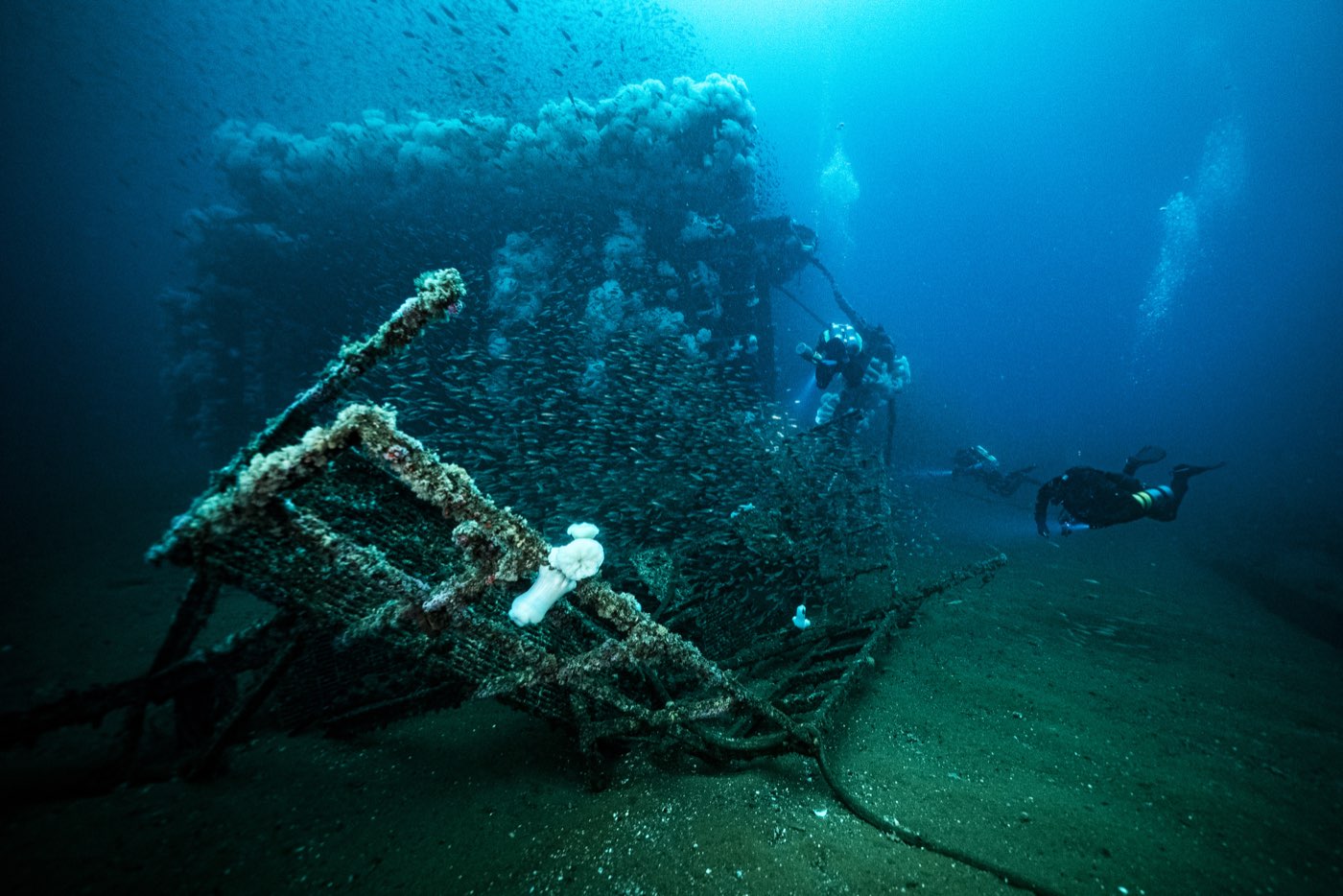 The catwalk and lattice of the Missile Tower, encrusted after thirty years on the bottom