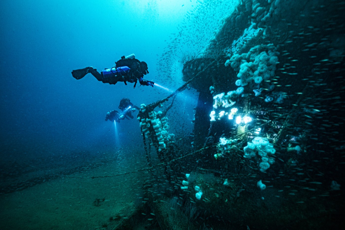 Technical divers on the anemone-covered corner of the Missile Tower