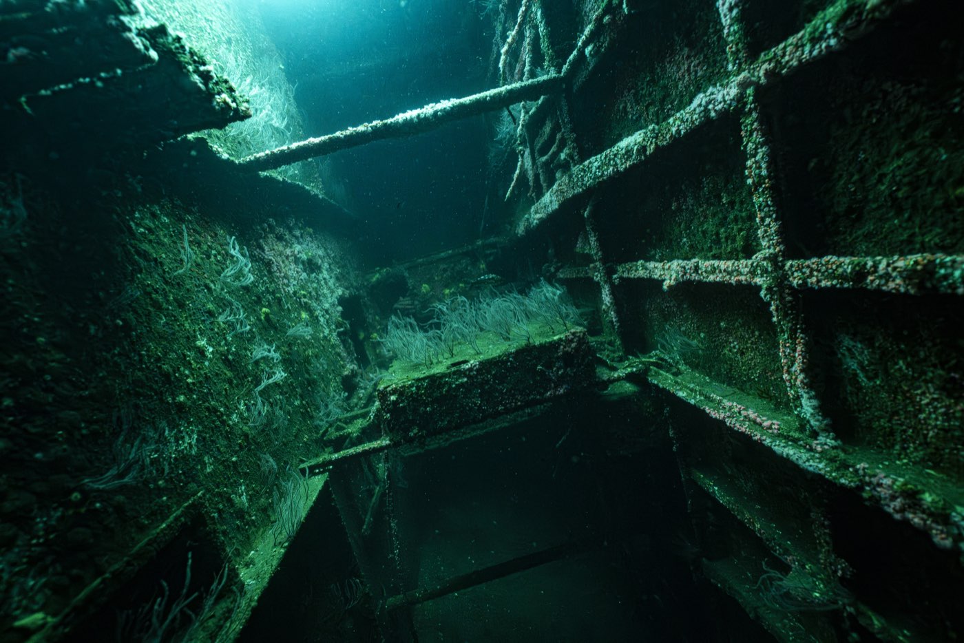 Looking along Burma Road, the ship's main passage on Deck 3, its ladders and rails now running sideways