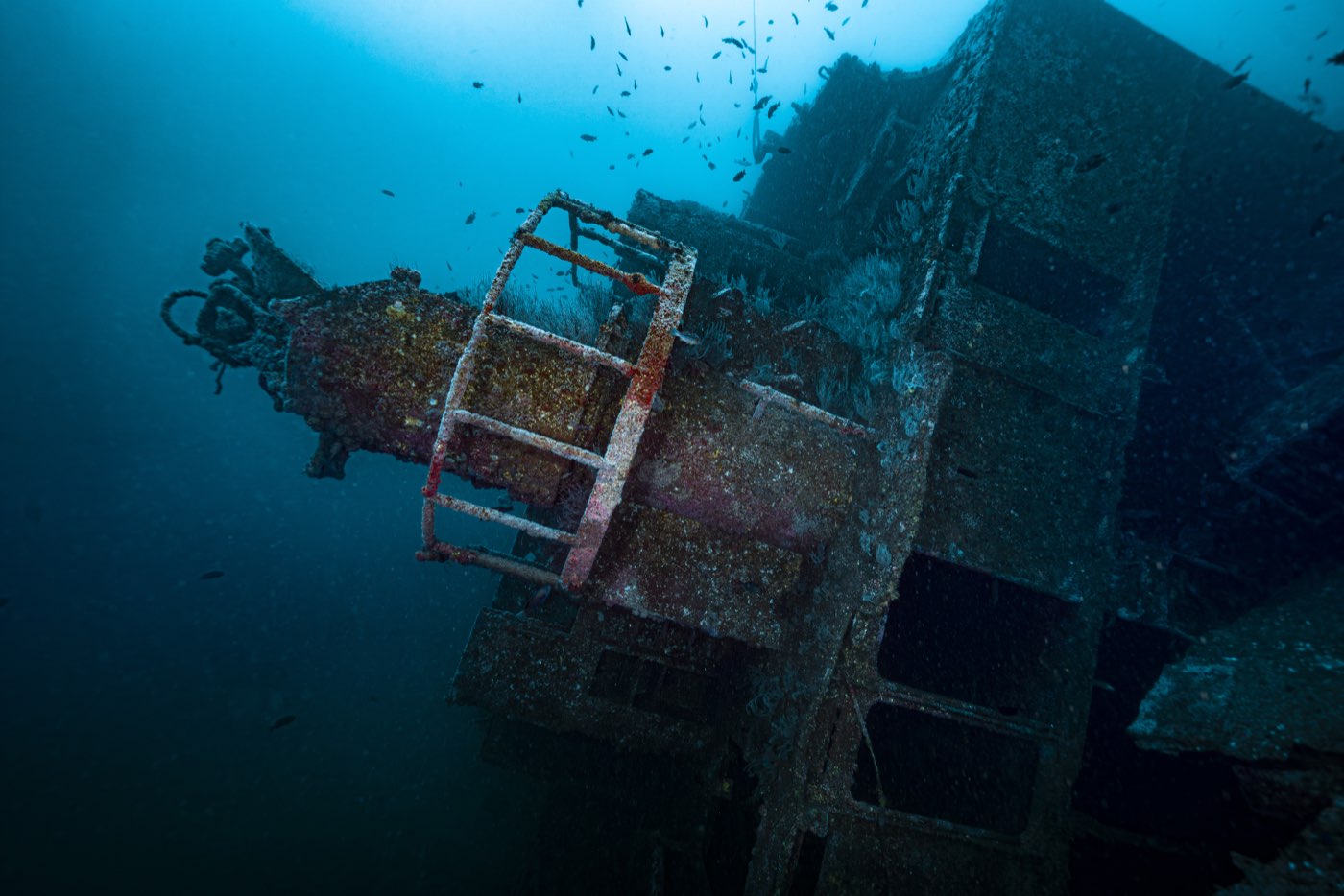 The signal mast and its crow's nest cage, shortened by about 20 feet before sinking, reaching sideways from the bridge